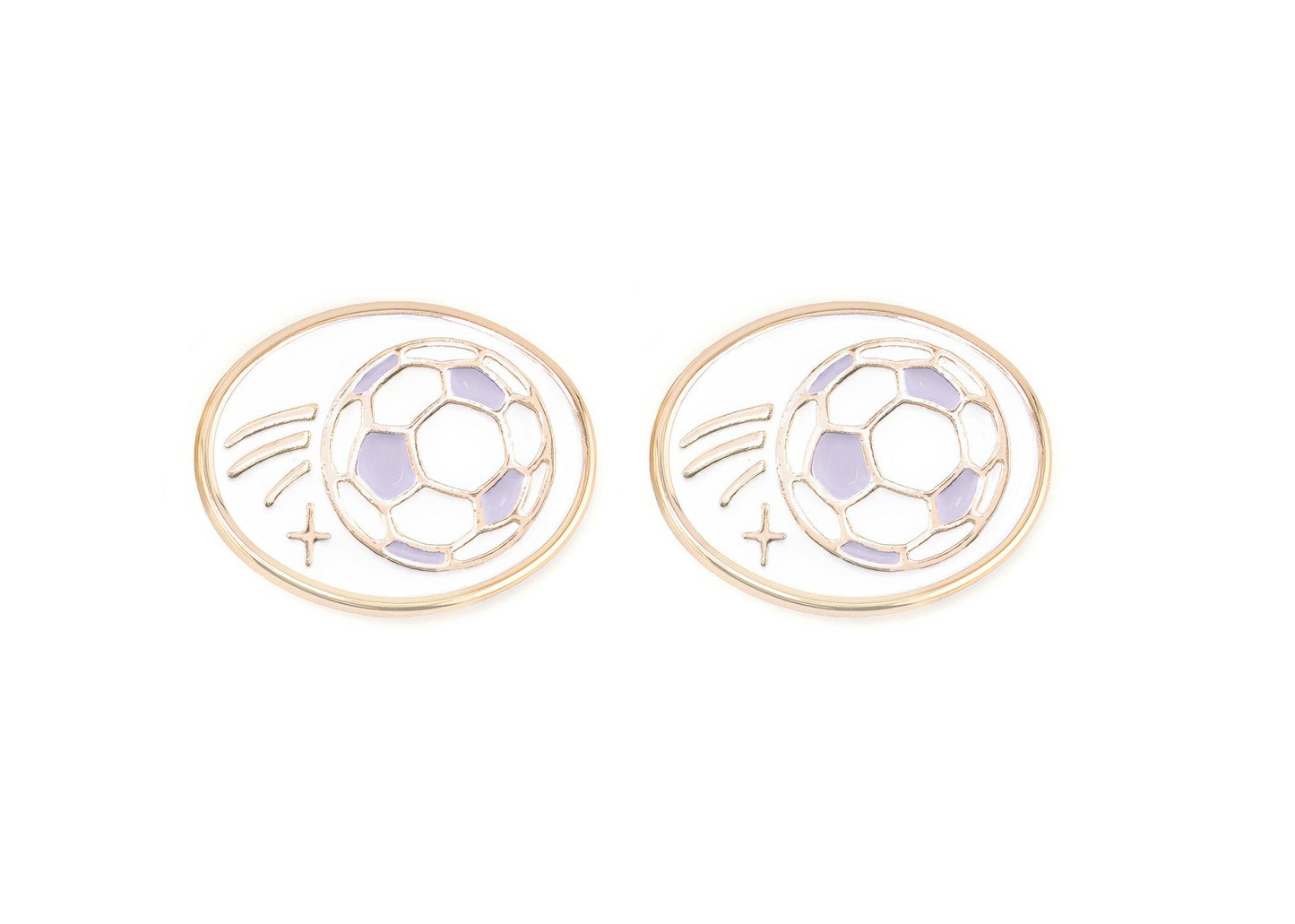 Pair of charms for girls eyeglasses with purple soccer design on a white background
