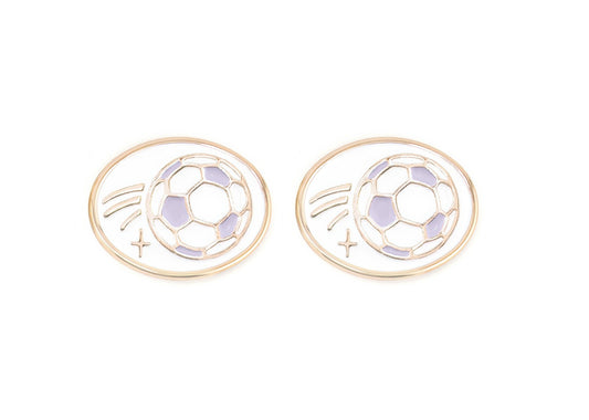 Pair of charms for girls eyeglasses with purple soccer design on a white background