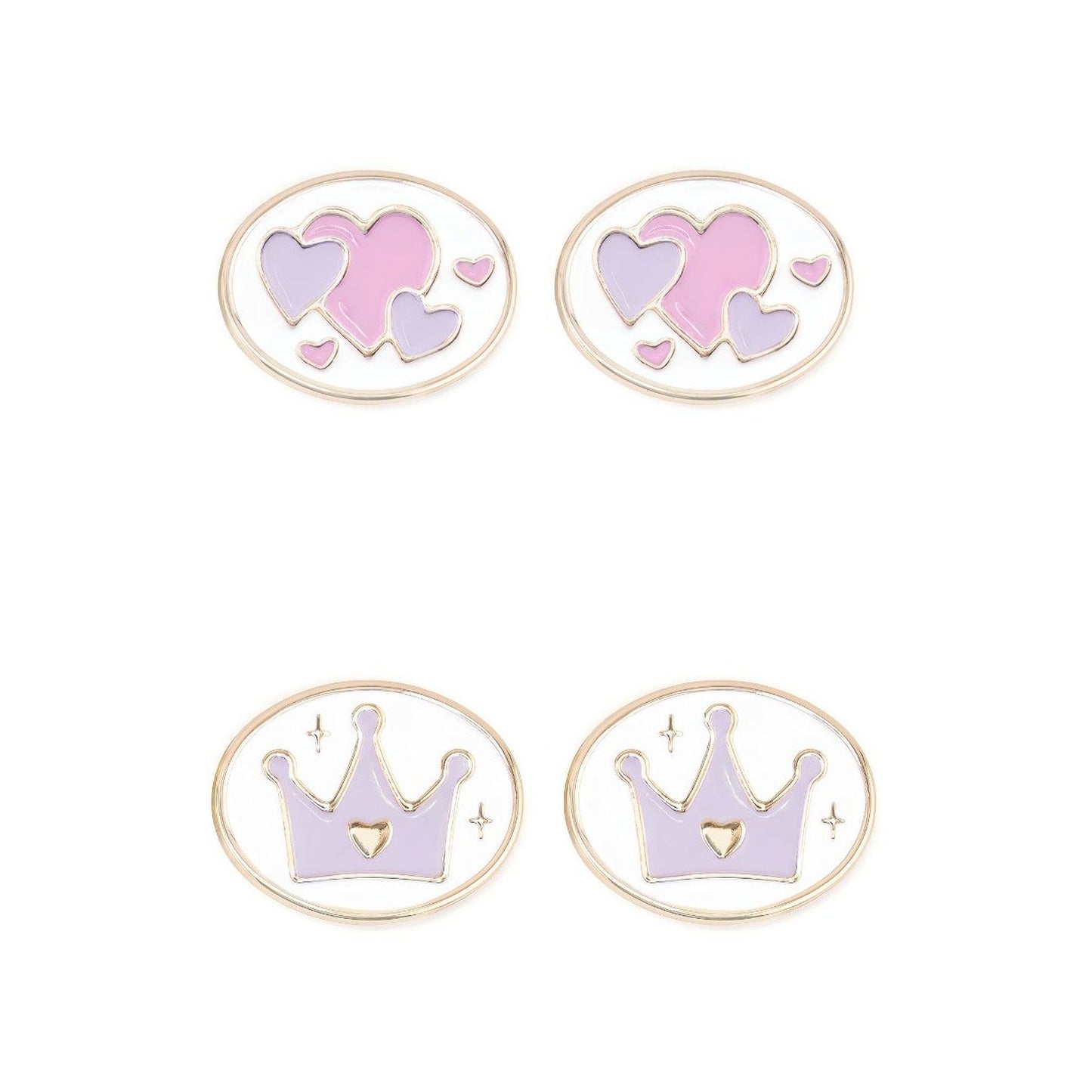 Pair of interchangeable charms for glasses with heart and crown designs on a white background