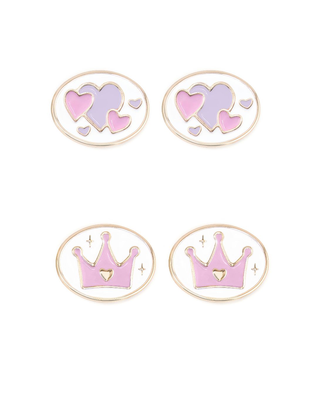 Two sets of interchangeable charms for girls glasses with heart and crown designs on a white background