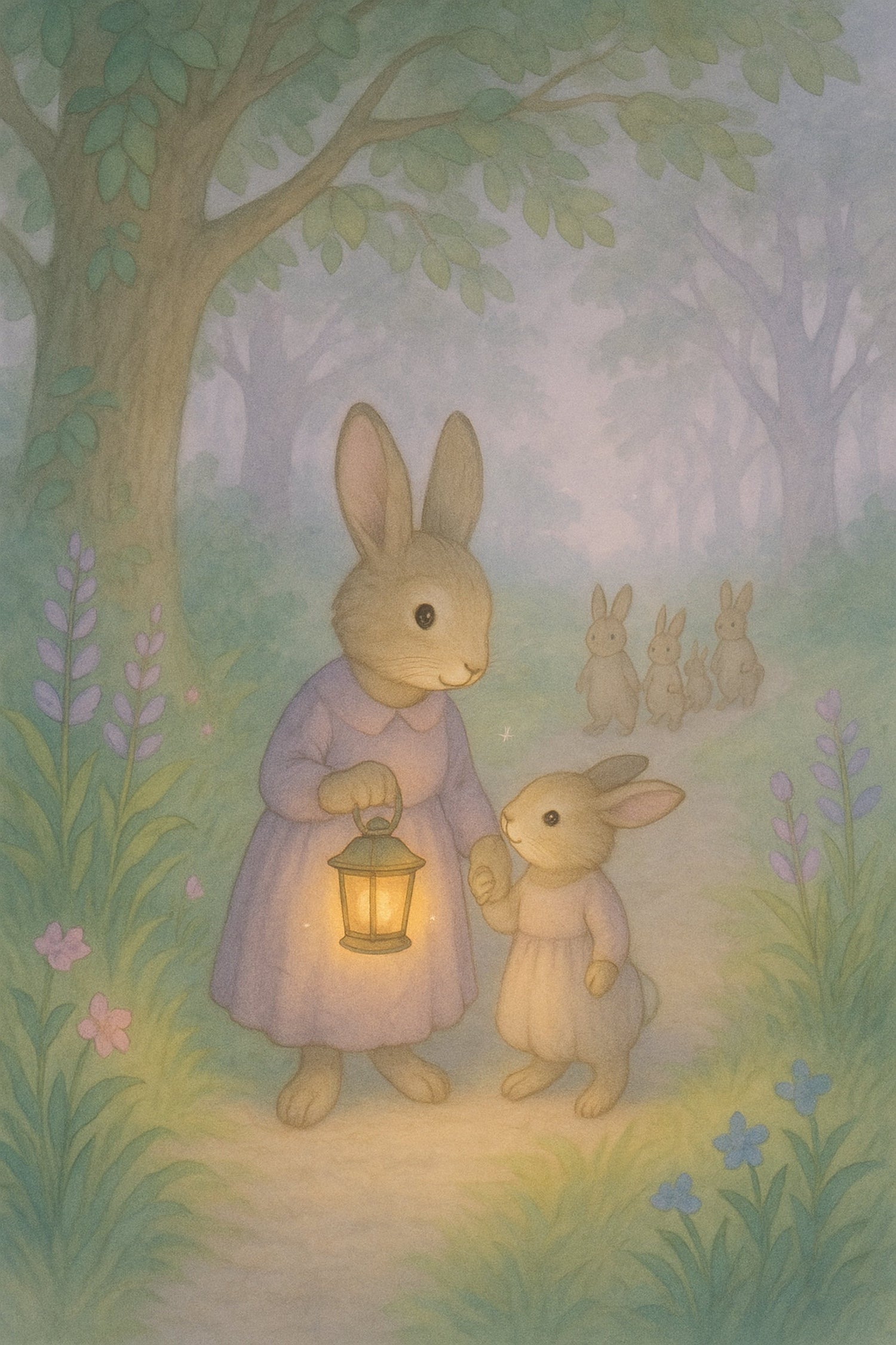 Illustration of a mother rabbit and her baby in a forest, with a lantern casting a warm glow.
