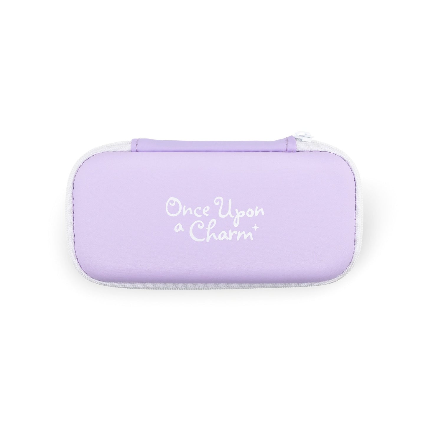 Purple kids eyeglass case with 'Once Upon a Charm' text on a white background