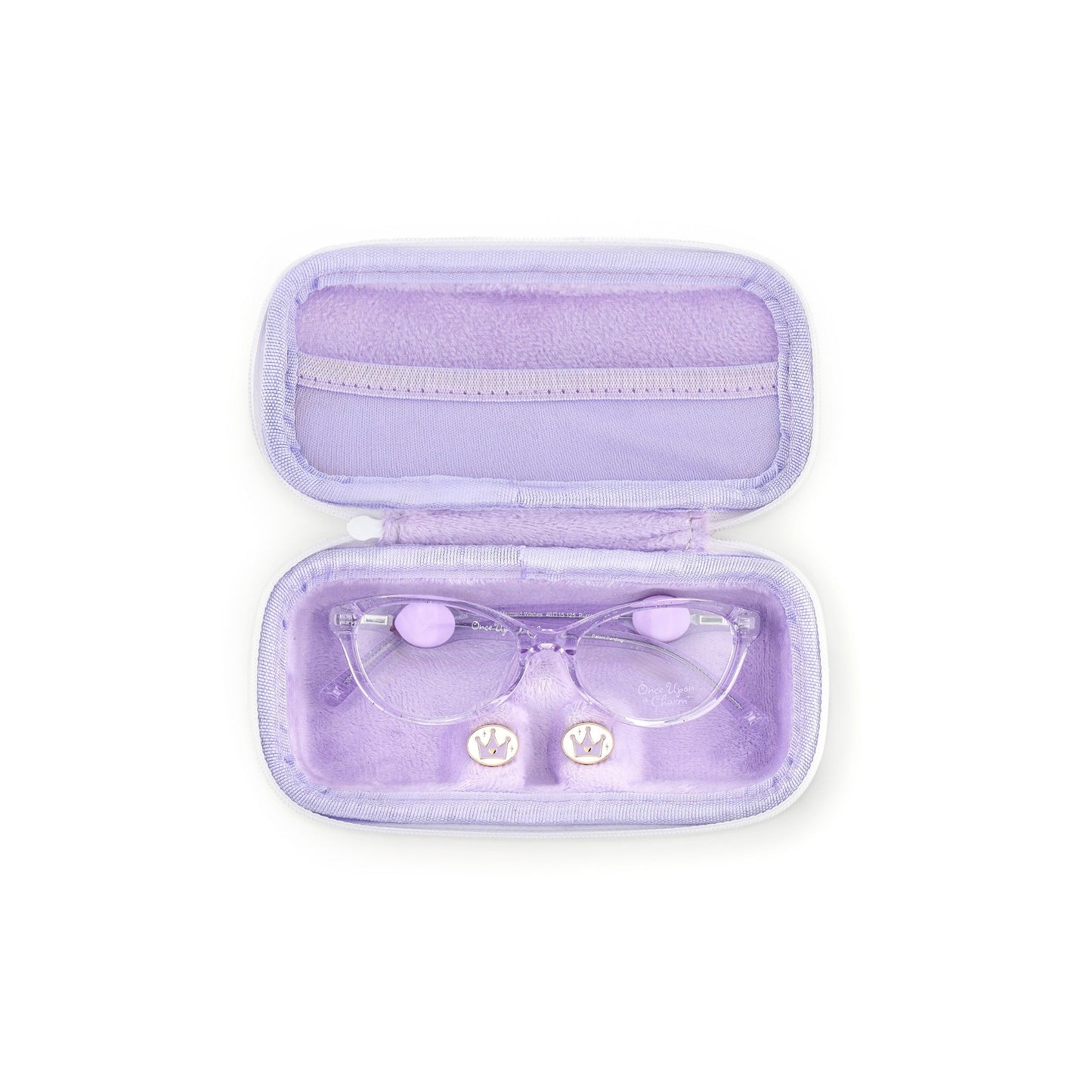 Purple children's glasses case with translucent purple frames