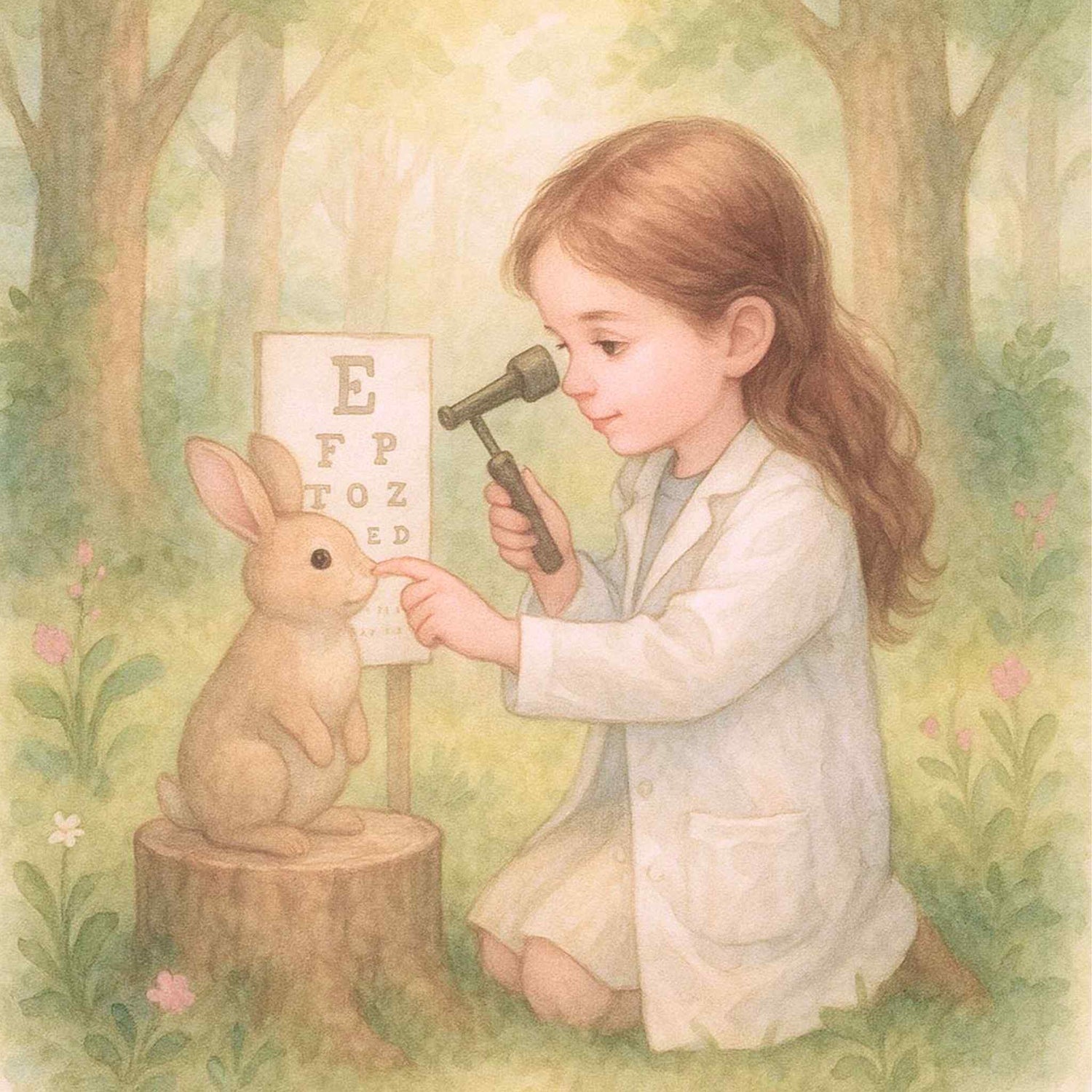 Illustration of a child in a white coat giving a bunny an eye exam in a forest setting.