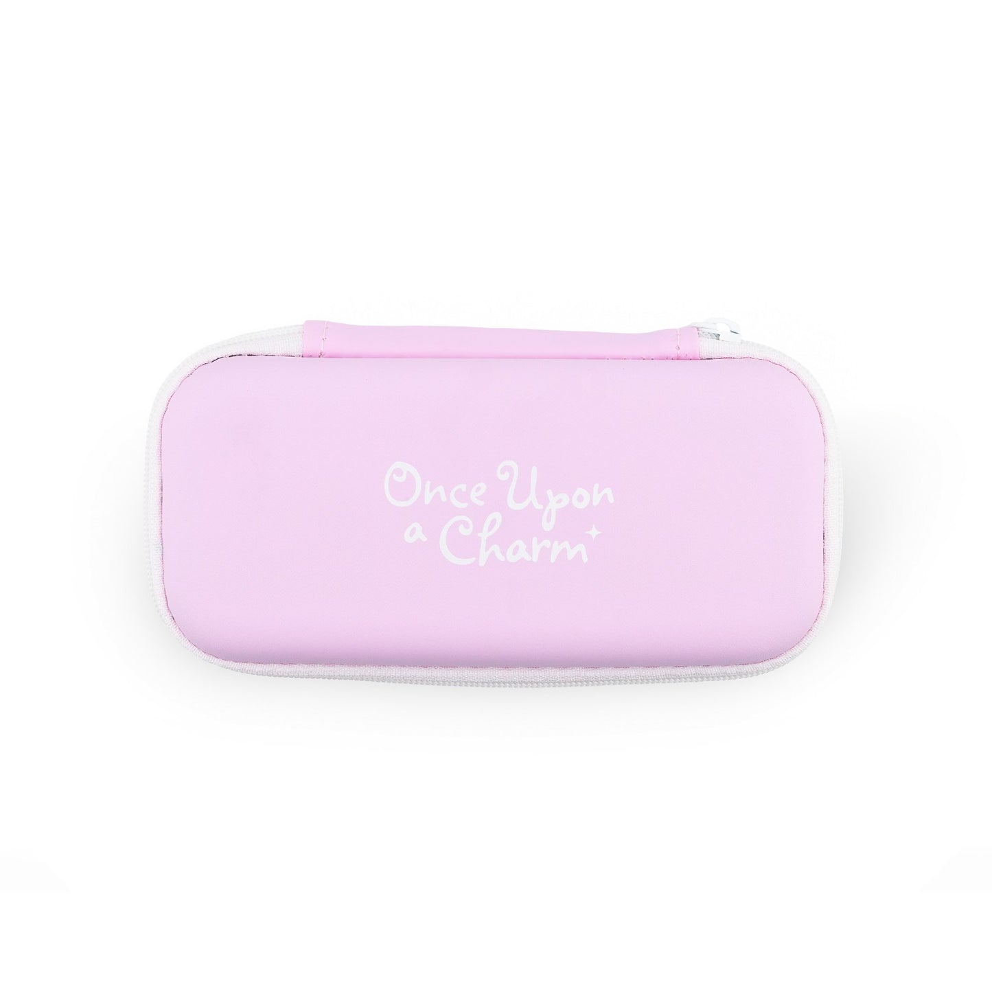 Pink eyeglass case with 'Once Upon a Charm' text on a white background