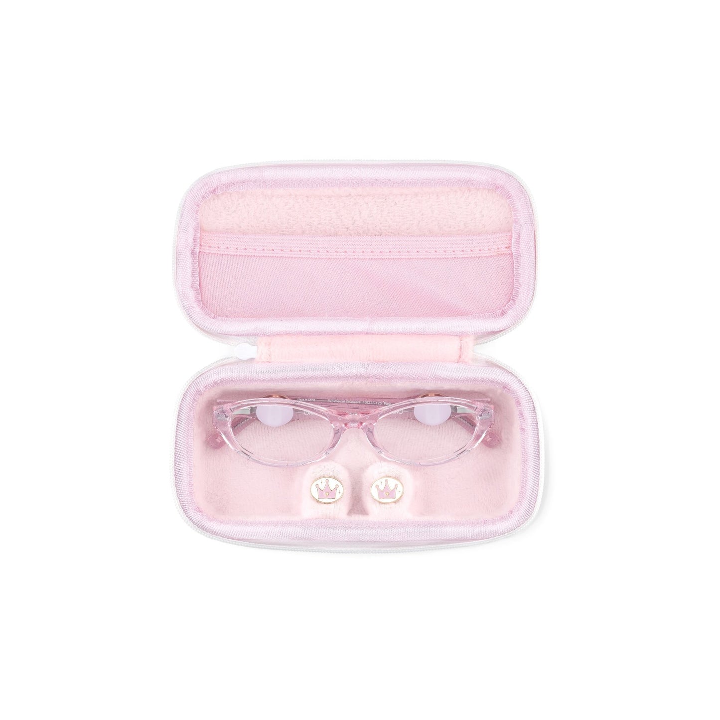 Pink glasses case with a pair of translucent pink glasses inside on a white background