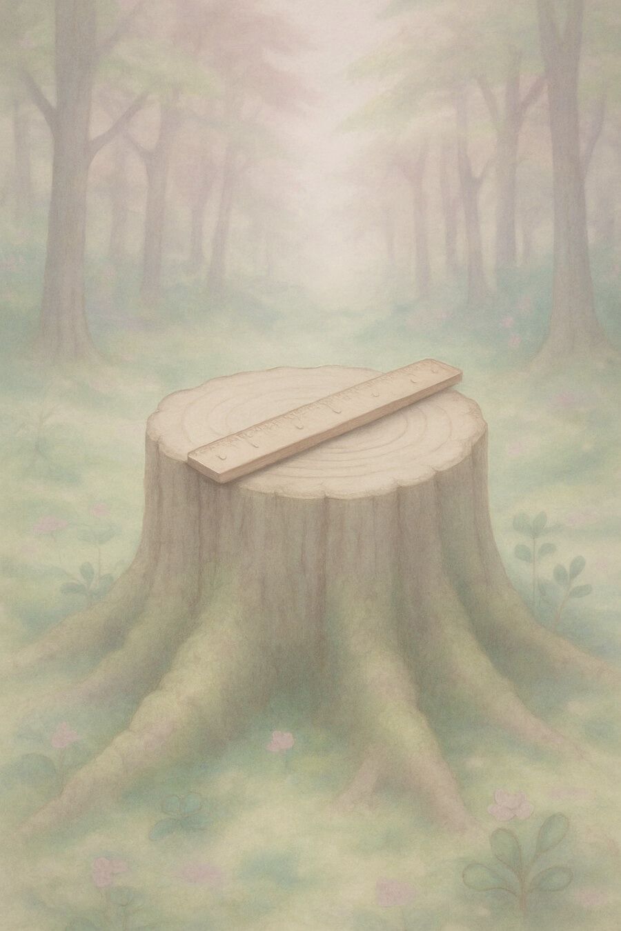 Wooden stump in a foggy forest with a ruler on top