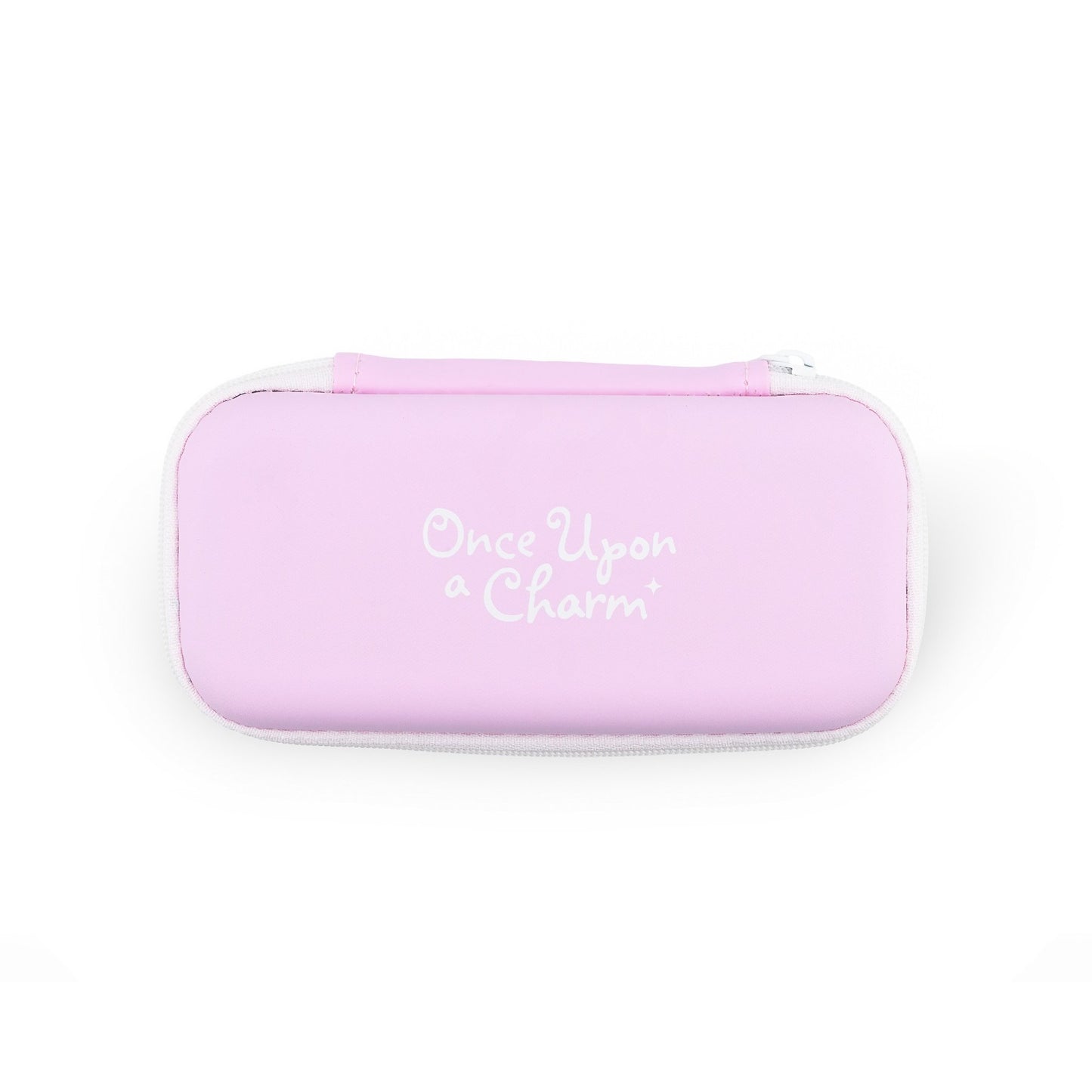 Pink girls classes case with 'Once Upon a Charm' text on a white background