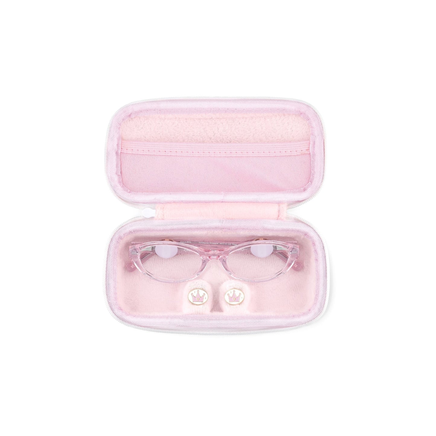 Pink eyeglass case with cute frames for girls and an extra set of interchangeable charms