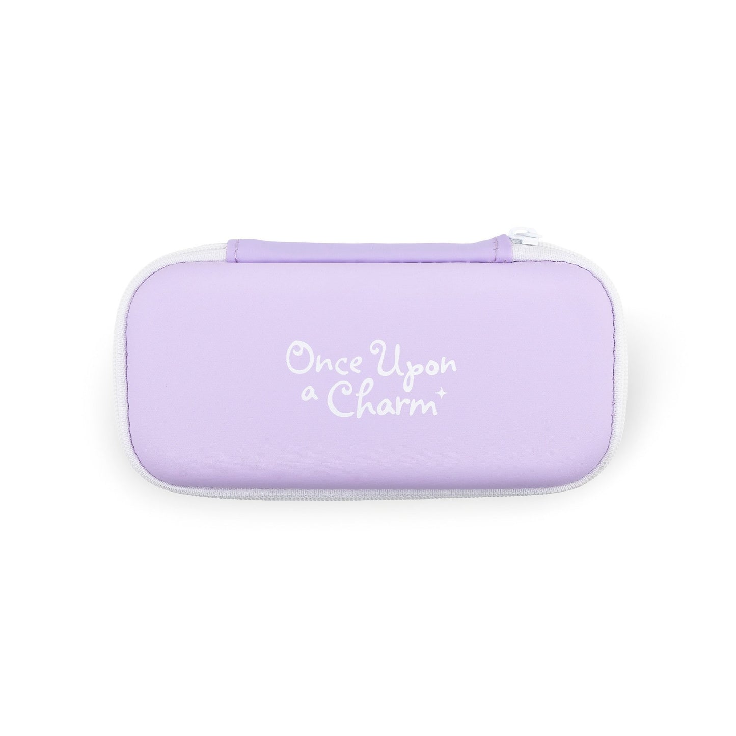Purple hard eyeglass case with 'Once Upon a Charm' text on a white background
