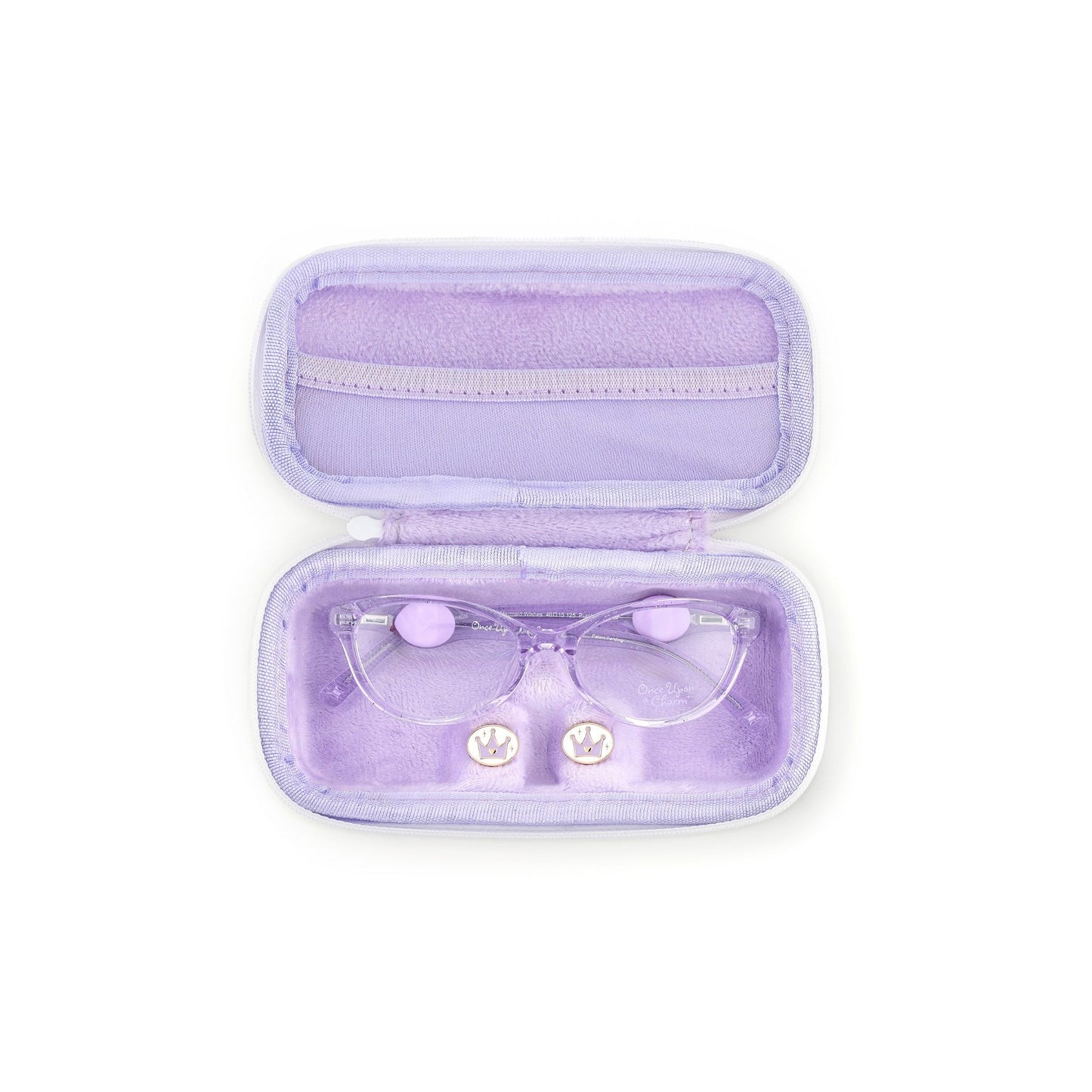 Purple eyeglass case with Once Upon a Charm frames and an extra set of interchangeable charms