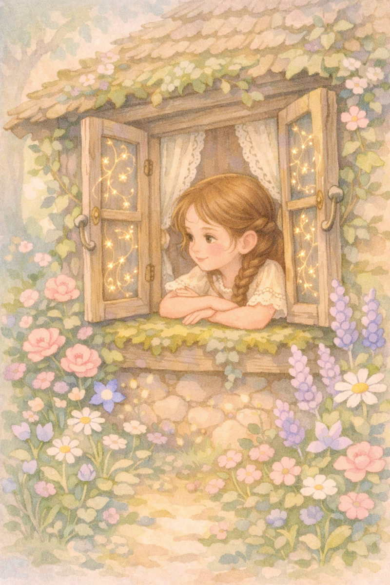 Girl looking out window of a cottage to a garden full of flowers