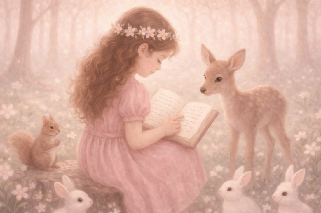 Girl using her finger to read in magical woodland setting