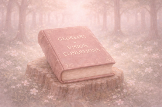 Glossary of Vision Conditions book in a dream woodland forest scene