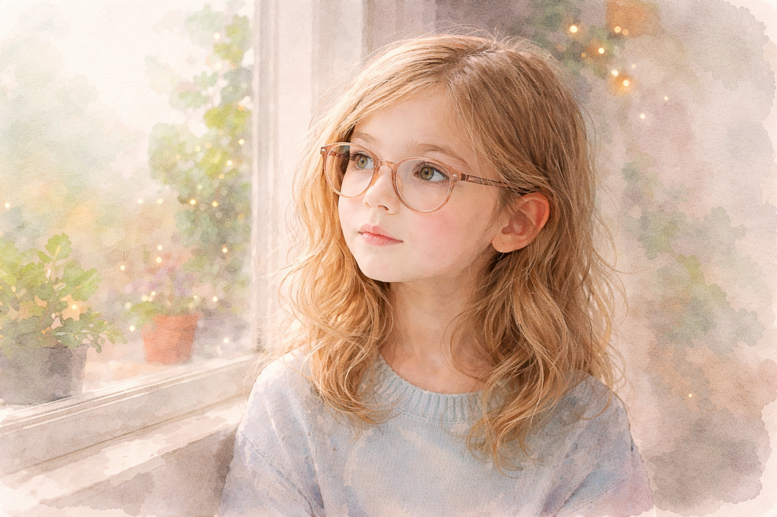 Child looking out window wearing glasses
