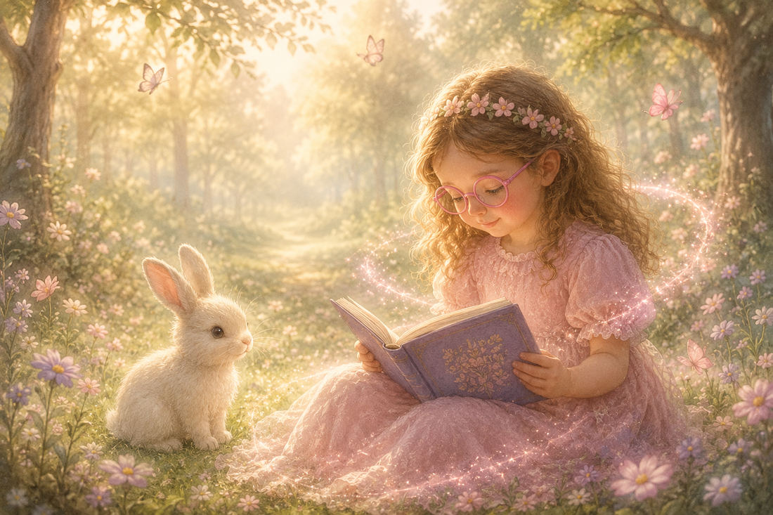 Child reading in a woodland forest