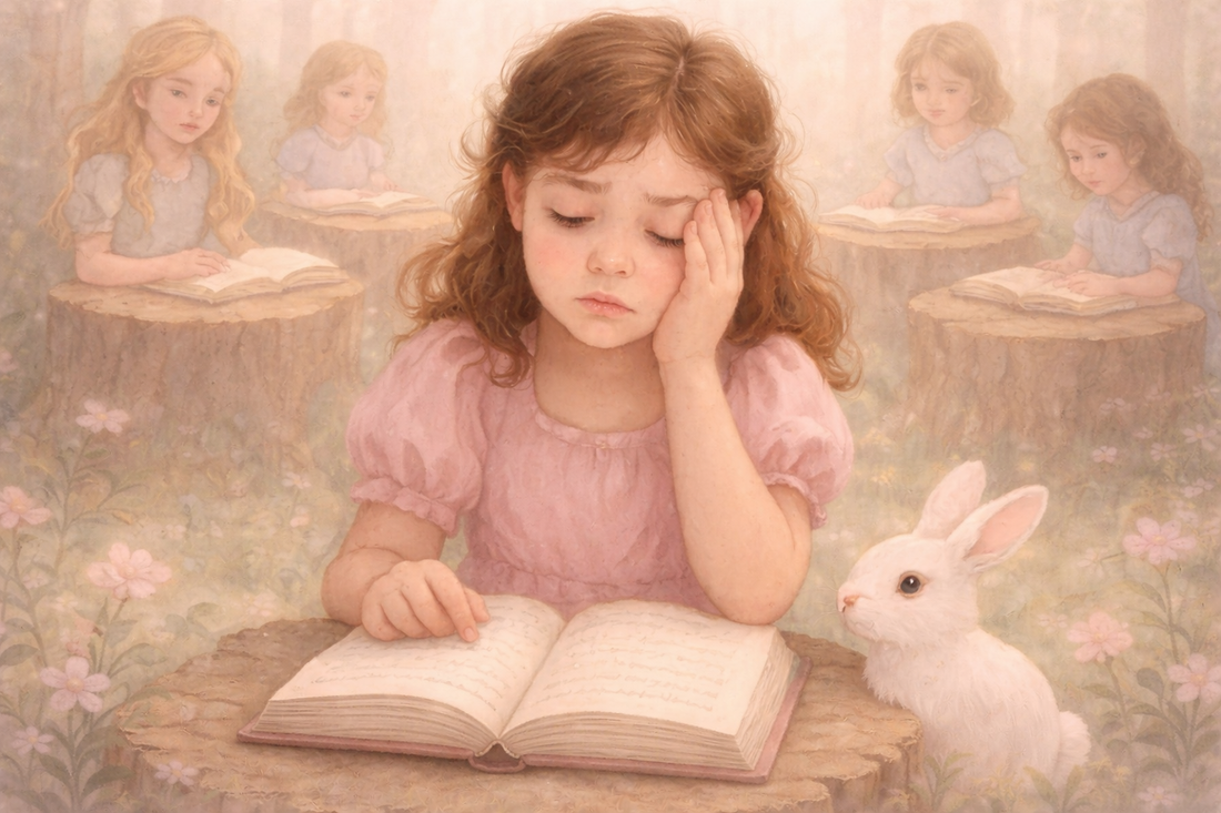 Girl Struggling to Read in woodland forest scene