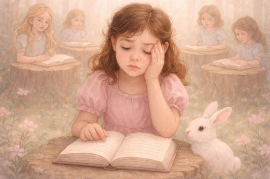 Girl Struggling to Read in woodland forest scene