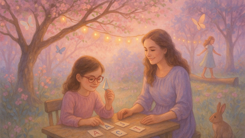A young girl practices vision therapy with letter cards and a prism tool at a wooden table in a whimsical forest, while another girl balances on a mossy log nearby—strengthening eye teaming, tracking, and visual-motor skills in a gentle, magical setting.