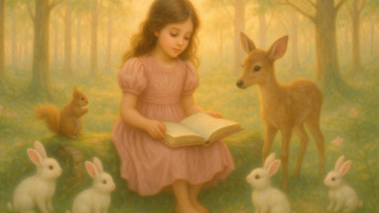 Girl reading in enchanted woods with animals surrounding her
