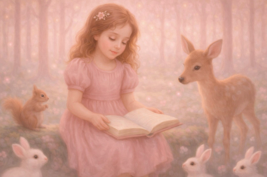 Girl reading in a magical woodland scene