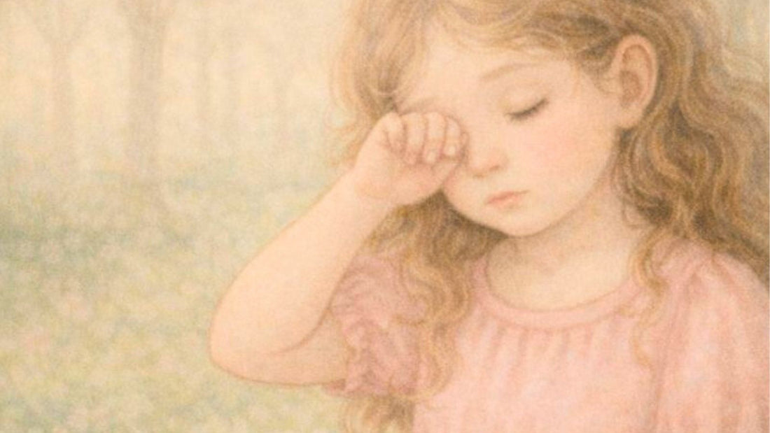 Child frustrated with reading and rubbing her eyes