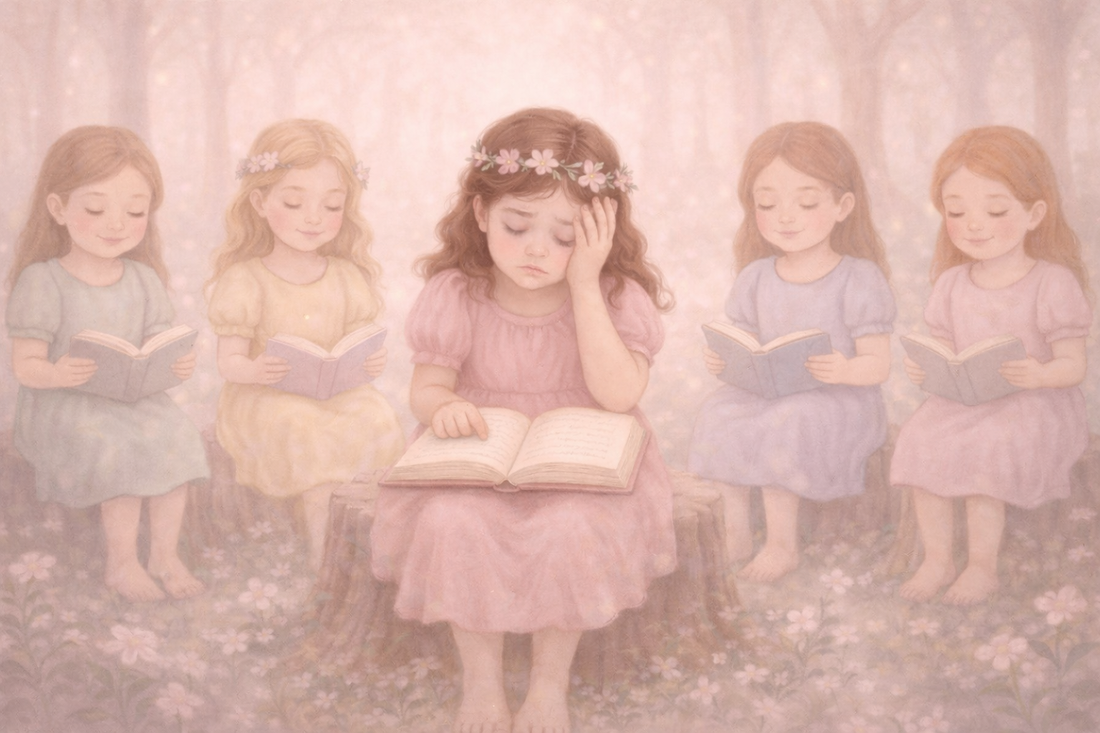 Girl struggling to read in an enchanted forest