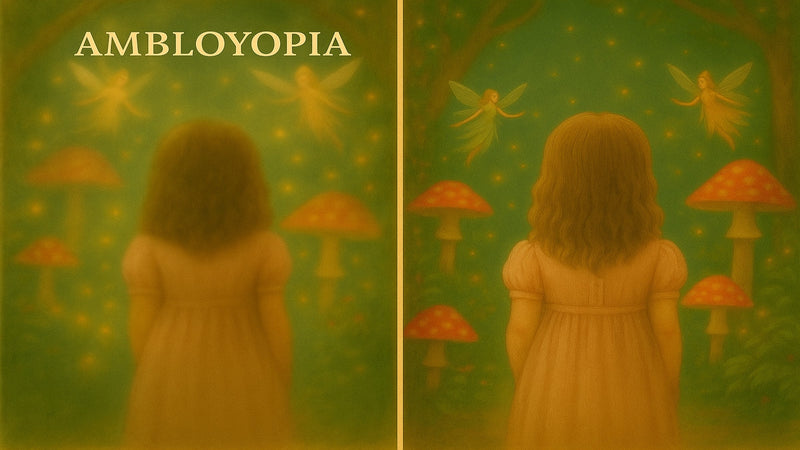 Simulated view of how a child with amblyopia sees the world—blurry vision in one eye and reduced depth perception make it difficult to judge distances or focus clearly, highlighting the hidden challenges of this common childhood condition.