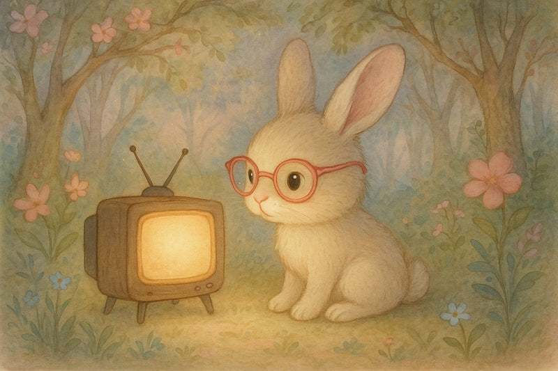 Cute bunny watching TV with blue light filtering glasses