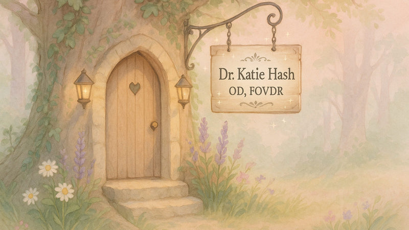 Enchanted forest optometrist office with a fairy-door tree and sign that reads ‘Dr. Katie Hash, OD, FOVDR’—soft pastel illustration