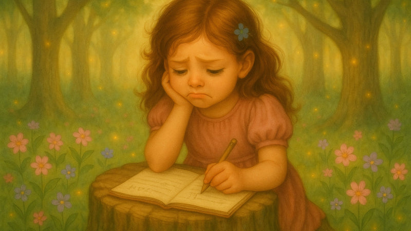 Young girl sitting outside using a tree stump as a desk—she looks sad and frustrated while struggling to read and complete her homework, possibly due to undiagnosed vision problems making learning difficult.