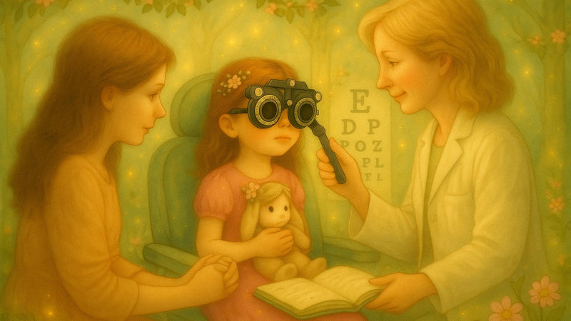 oung girl receiving a comprehensive pediatric eye exam, with her mother sitting beside her offering comfort and support—highlighting the value of early, thorough vision care and the loving role parents play in their child’s eye health journey.