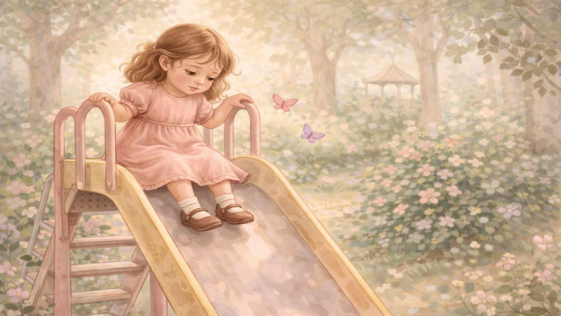 Girl hesitating going down a slide as she struggles with depth perception