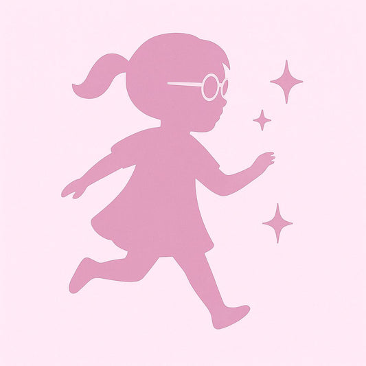 Silhouette of a girl with pigtails and glasses on a pink background with stars.