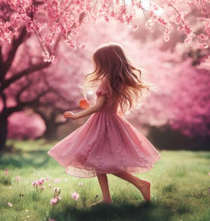 Young girl in a pink dress standing under cherry blossom trees with pink flowers.