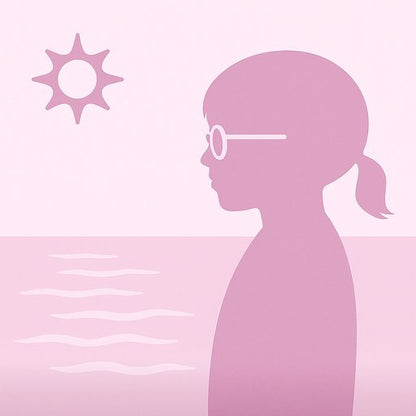 Silhouette of a girl wearing photochromatic sunglasses with a sun and water background on a pink gradient.
