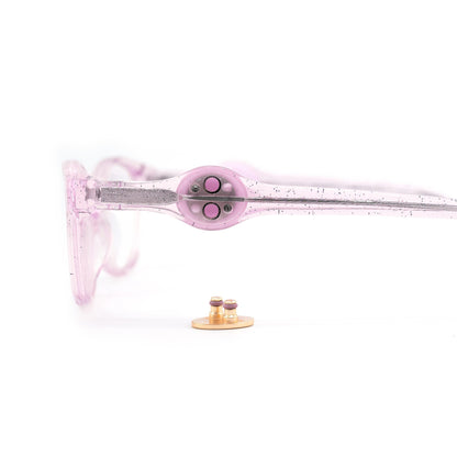 Pink glasses with a patent-pending interchangeable charm system that allows girls to change charms and make wearing glasses fun