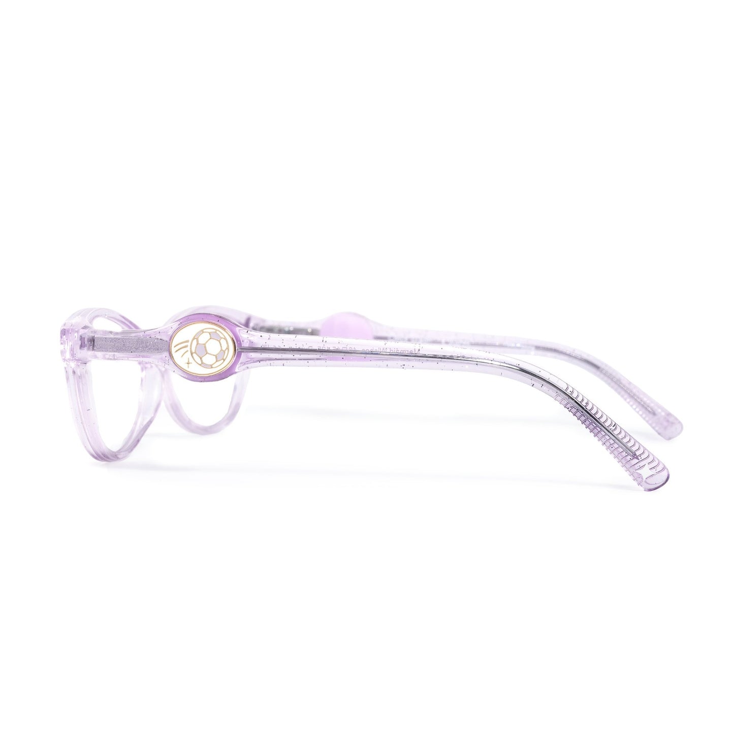 Clear eyeglasses with a gold emblem on a white background