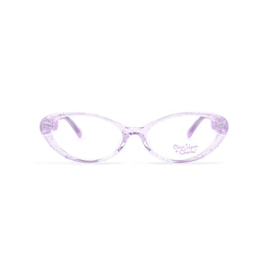 Cute purple eyeglasses  for kids that are translucent sitting on a white background