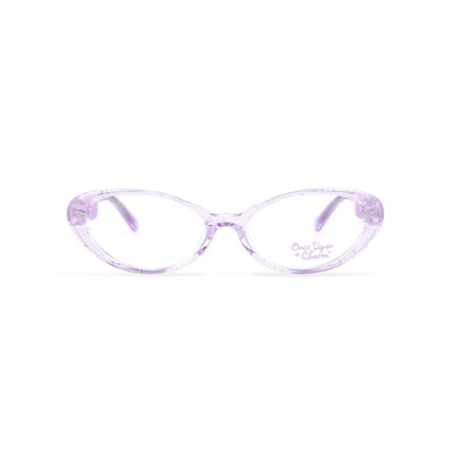 Cute purple eyeglasses  for kids that are translucent sitting on a white background