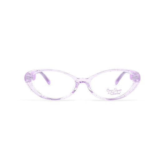 Cute purple eyeglasses  for kids that are translucent sitting on a white background