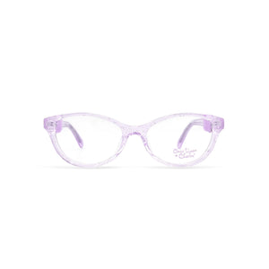 Purple translucent eyeglasses with a little sparkle on a white background
