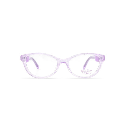 Purple translucent eyeglasses with a little sparkle on a white background
