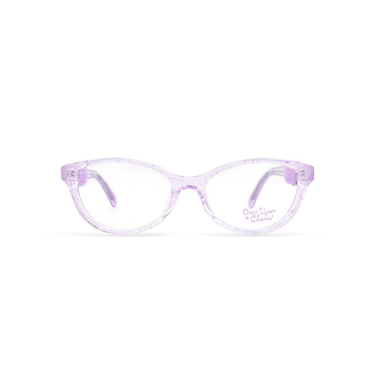 Purple translucent eyeglasses with a little sparkle on a white background