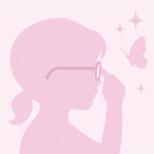 Silhouette of a girl with pigtails  wearing cute glasses on a pink background with stars and a butterfly.
