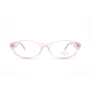 Pink translucent eyeglasses on a white background