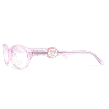 Pink eyeglasses side view showing the interchangeable patented charm system, the charm is a cute puppy