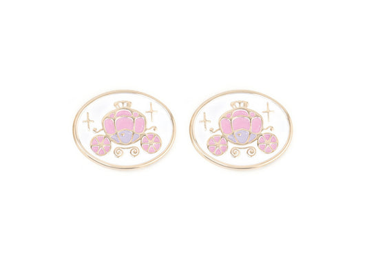 Pair of charms for girls eyeglasses with pink carriage design on a white background