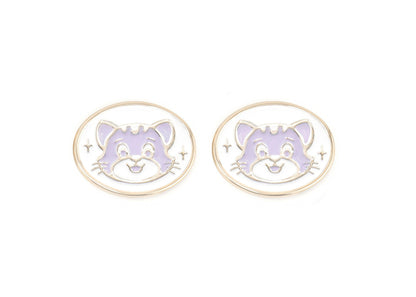 Pair of charms for girls eyeglasses with purple cat design on a white background