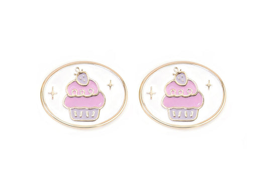 Pair of charms for girls eyeglasses with pink and purple cupcake design on a white background